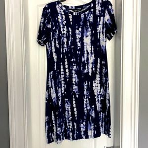 Navy Blue and White Tye Die Dress with Pockets